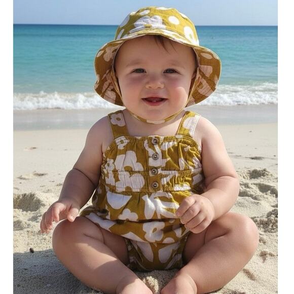 NWT Volcom Baby Linen Romper & Bucket Hat Yellow Pink Floral Size 3-6 months - Picture 1 of 4